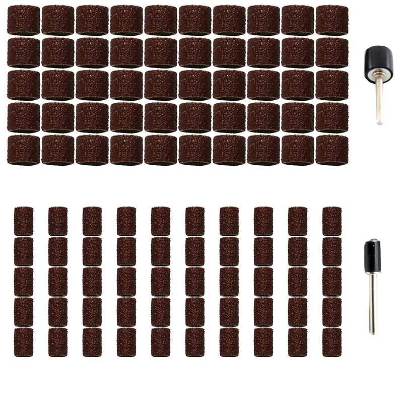 T-MAX 50 pc 1/2 Inch and 50 pc 1/4 Inch Sand Drum Grit 60 Coarse with 2 pc 1/8 Inch Mandrel for Dremel Rotary Tools - Image 1